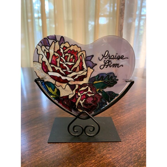 Joan Baker Stained Glass Heart Candle Holder Praise Him Religious Sun Catcher - Picture 1 of 12